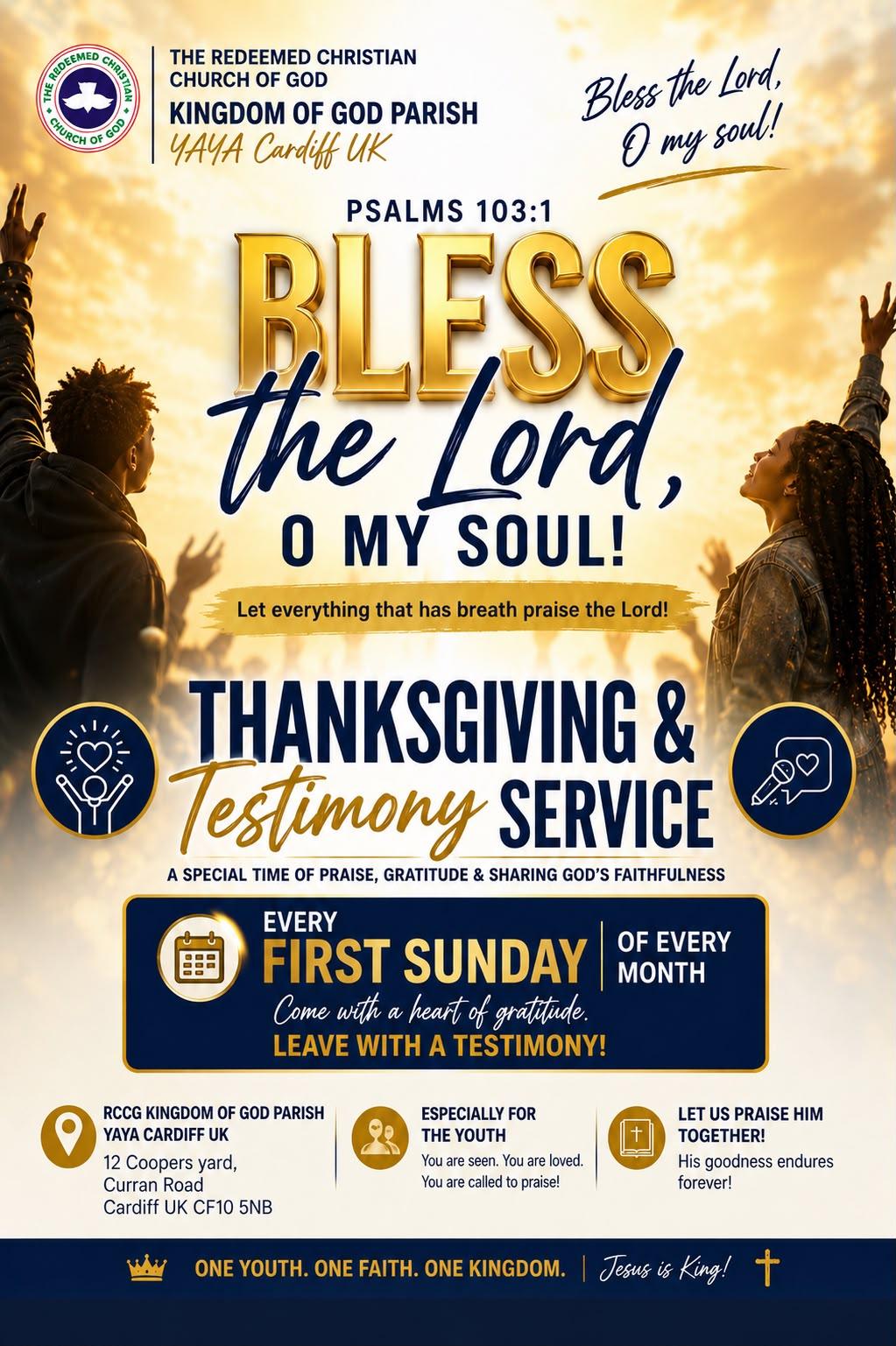 Thanksgiving & Testimony Service flyer — every first Sunday of the month