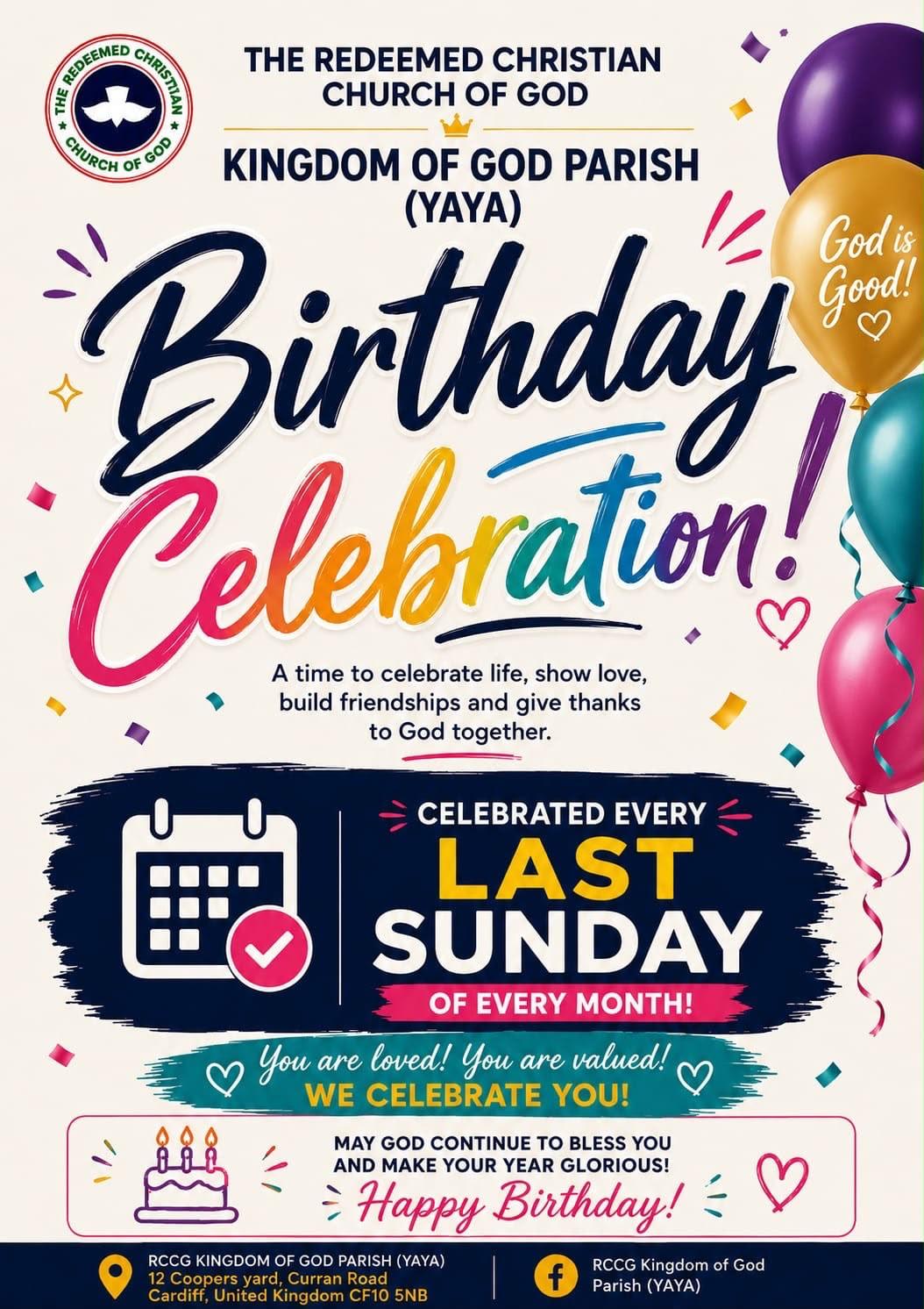 Birthday Celebration flyer — every last Sunday of the month